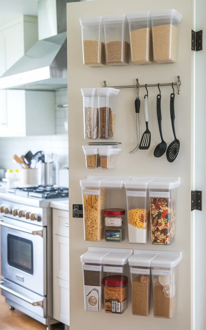 Organized pantry door with containers for grains and utensils.
