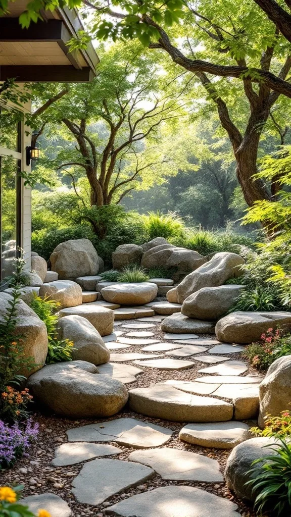 A natural seating area with large river rocks surrounded by grass and trees