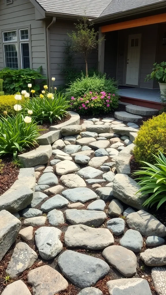 A garden pathway lined with river rocks, surrounded by green grass and colorful flowers.