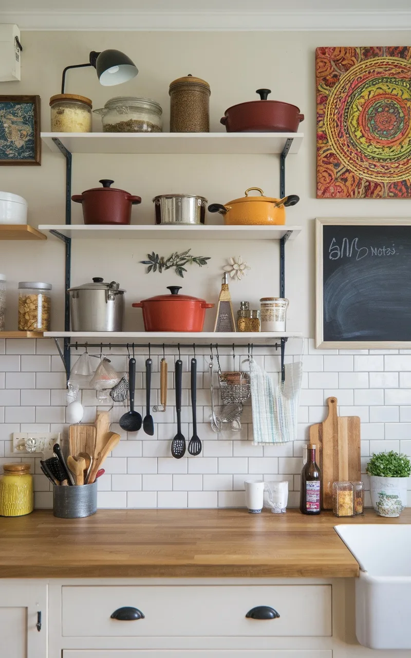A well-organized kitchen with pots on shelves and tools hanging on hooks.
