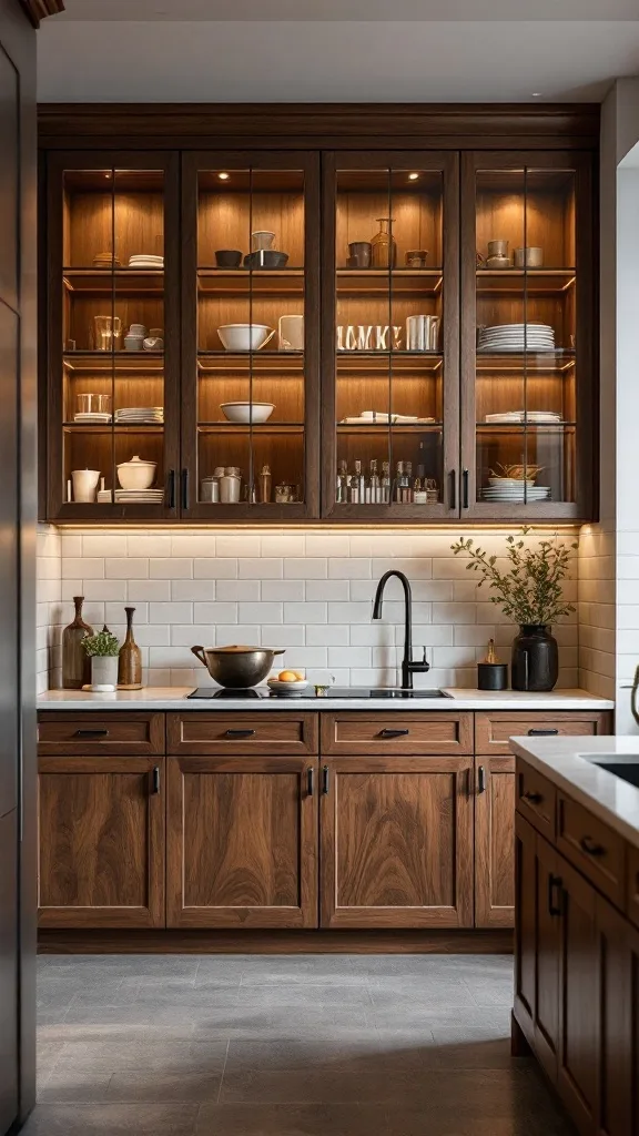 A kitchen featuring walnut cabinets with glass inserts, showcasing elegant dishware.