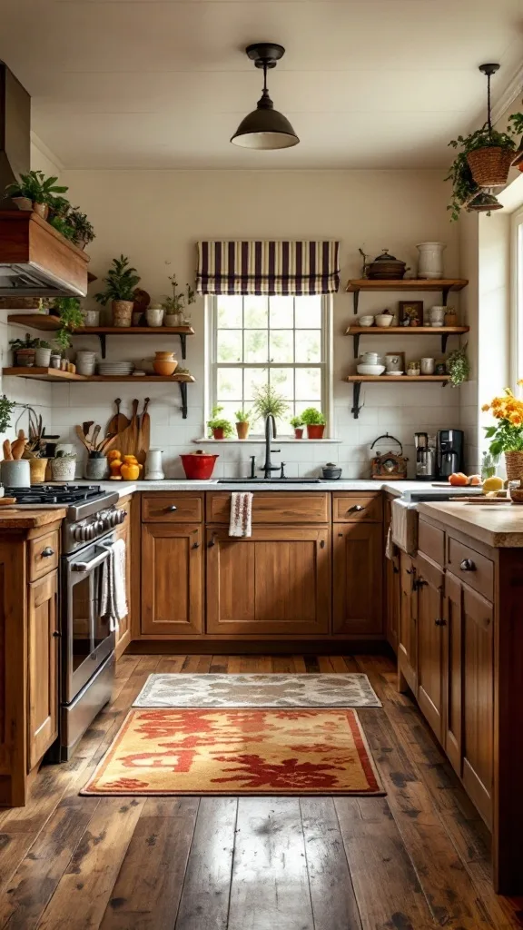 A cozy country kitchen featuring warm walnut cabinets and wooden accents.