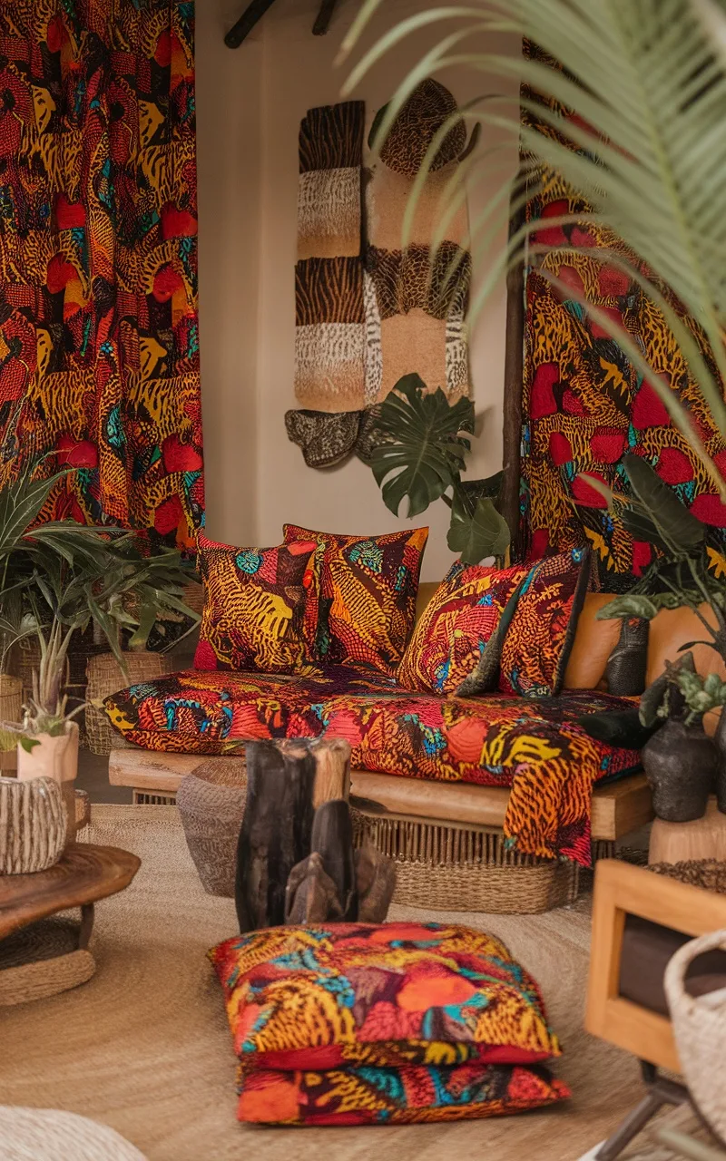 A colorful living room with animal print textiles and natural decor elements.