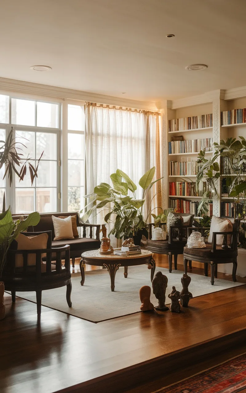 A cozy living room with wooden furniture and floors, plants, and natural light