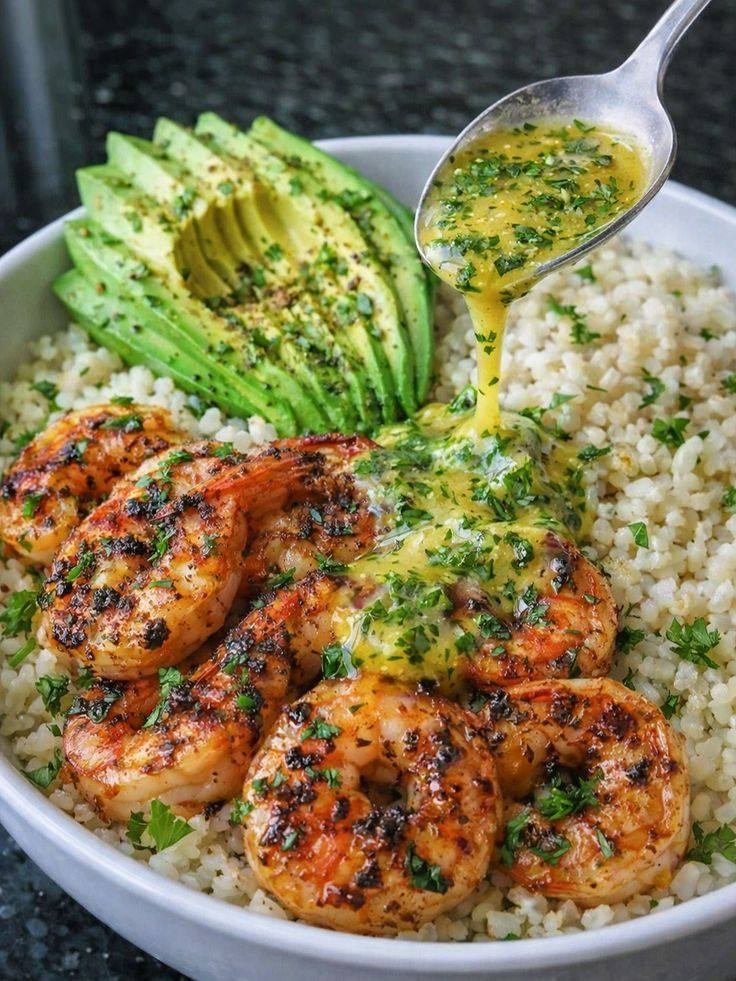 Grilled Shrimp Avocado Rice Bowl