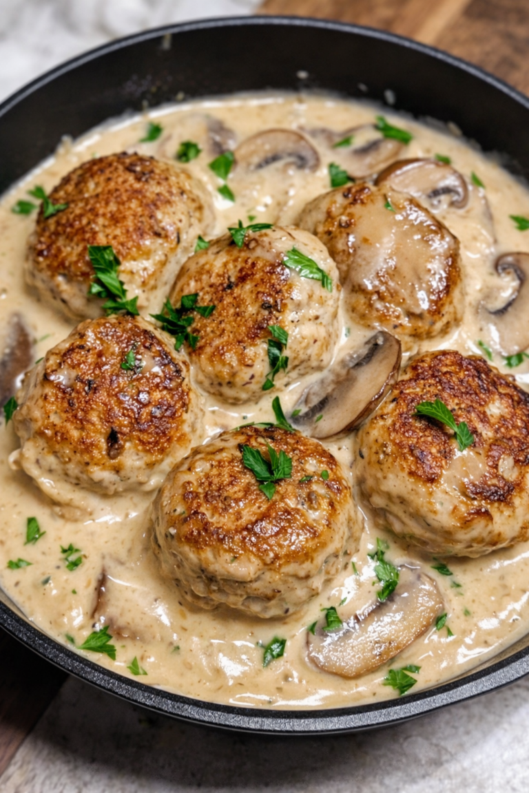 Vegan Meatballs in Creamy Mushroom Sauce
