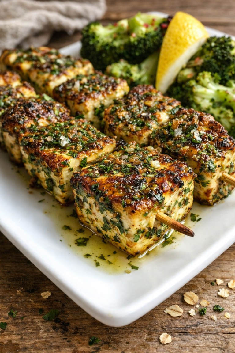 Vegan Lemon Garlic Tofu & Broccoli Skewers