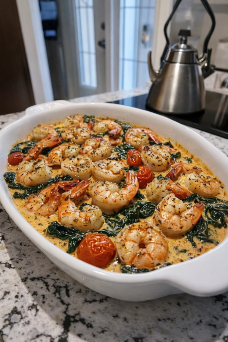 Creamy Garlic Shrimp & Spinach Bake