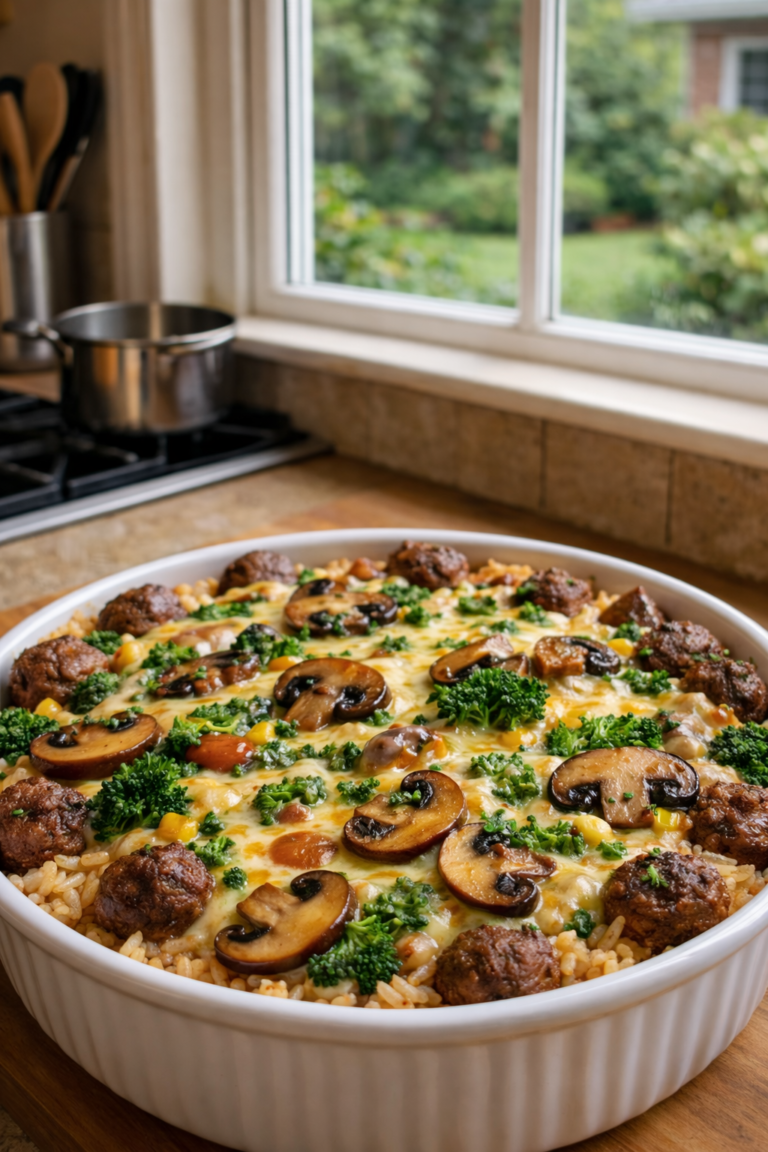 Vegan Cheesy Mushroom & Broccoli Rice Bake