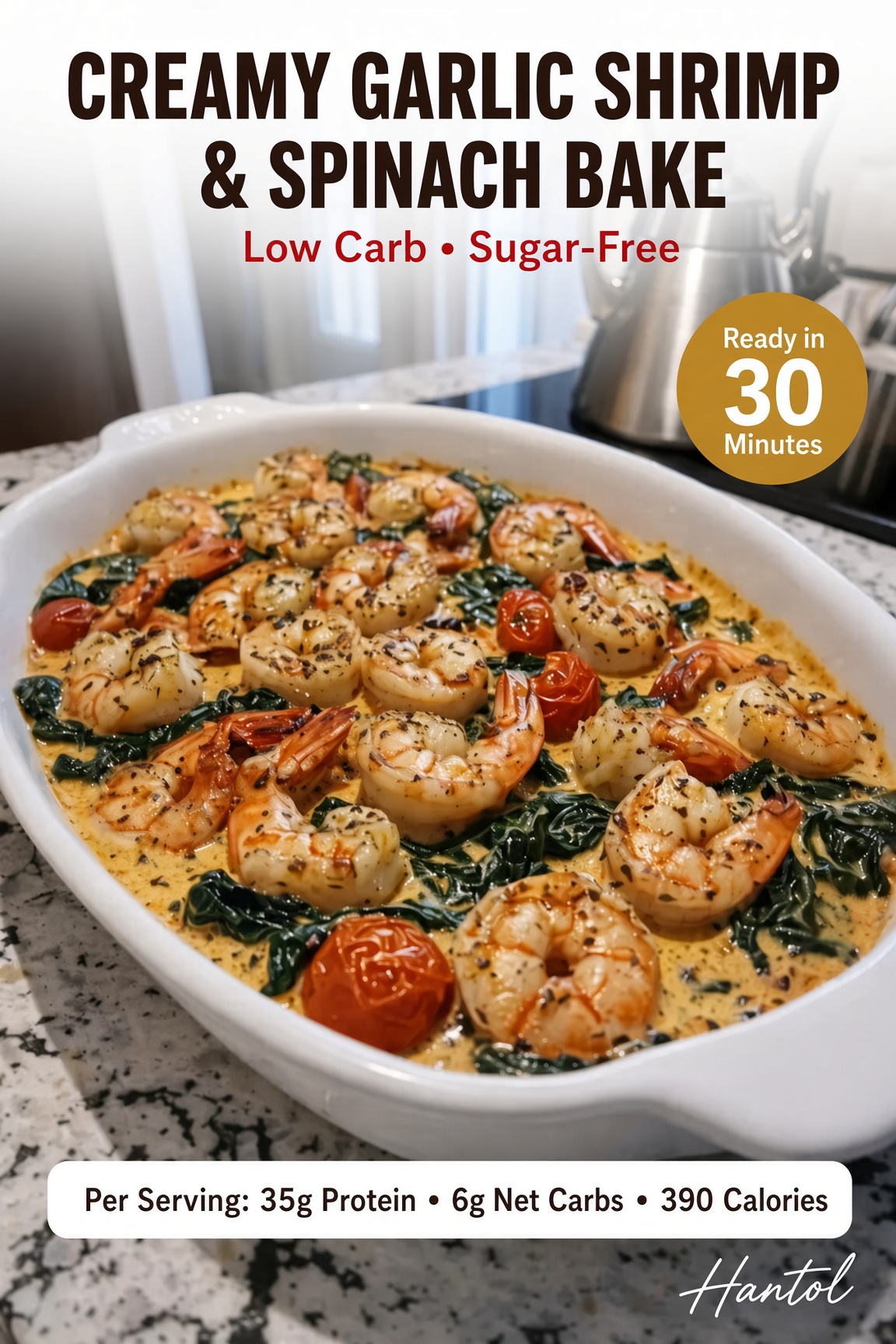 Creamy Garlic Shrimp & Spinach Bake