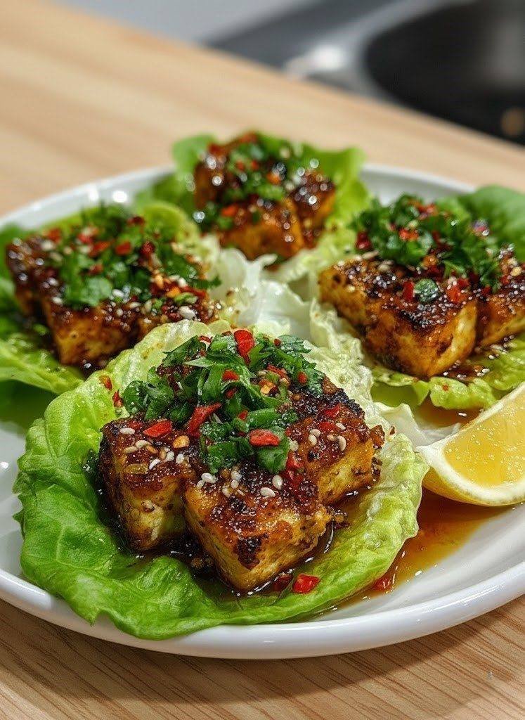 Vegan Lemon Garlic Tofu Lettuce Cups