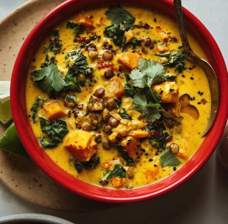 Vegan Gingered Sweet Potato & Coconut Milk Stew with Lentils & Kale