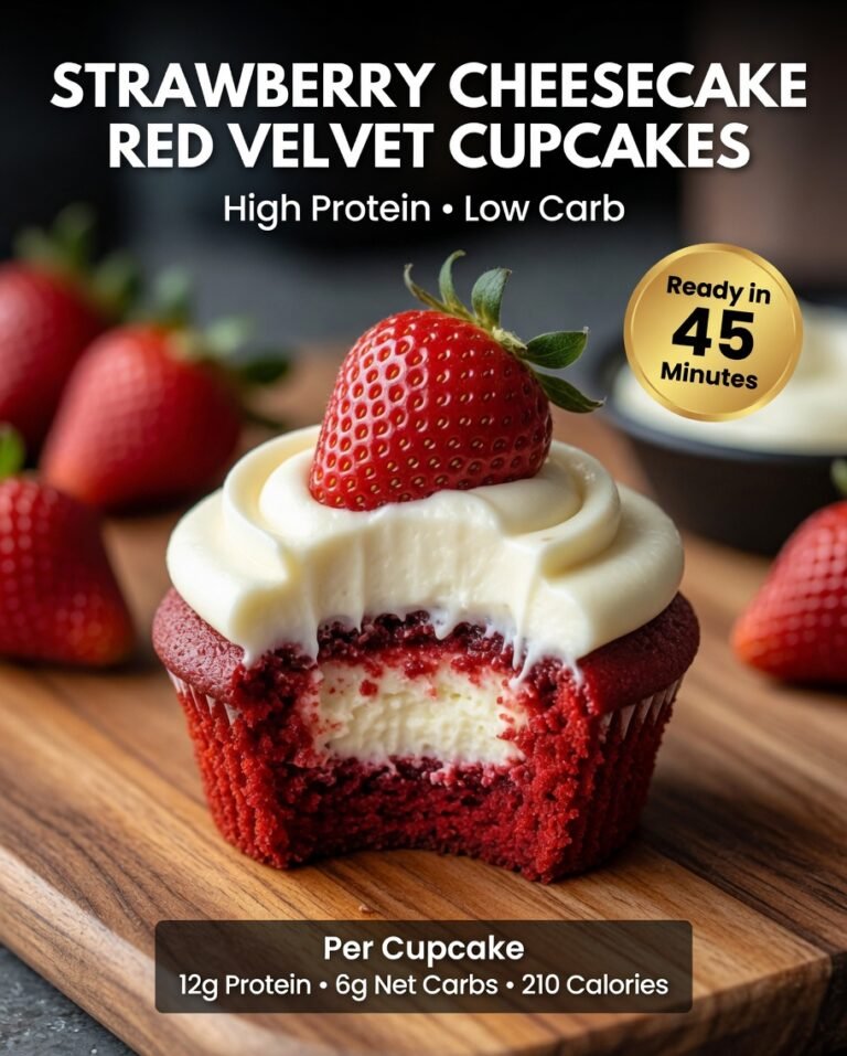 High-Protein Strawberry Cheesecake Red Velvet Cupcakes