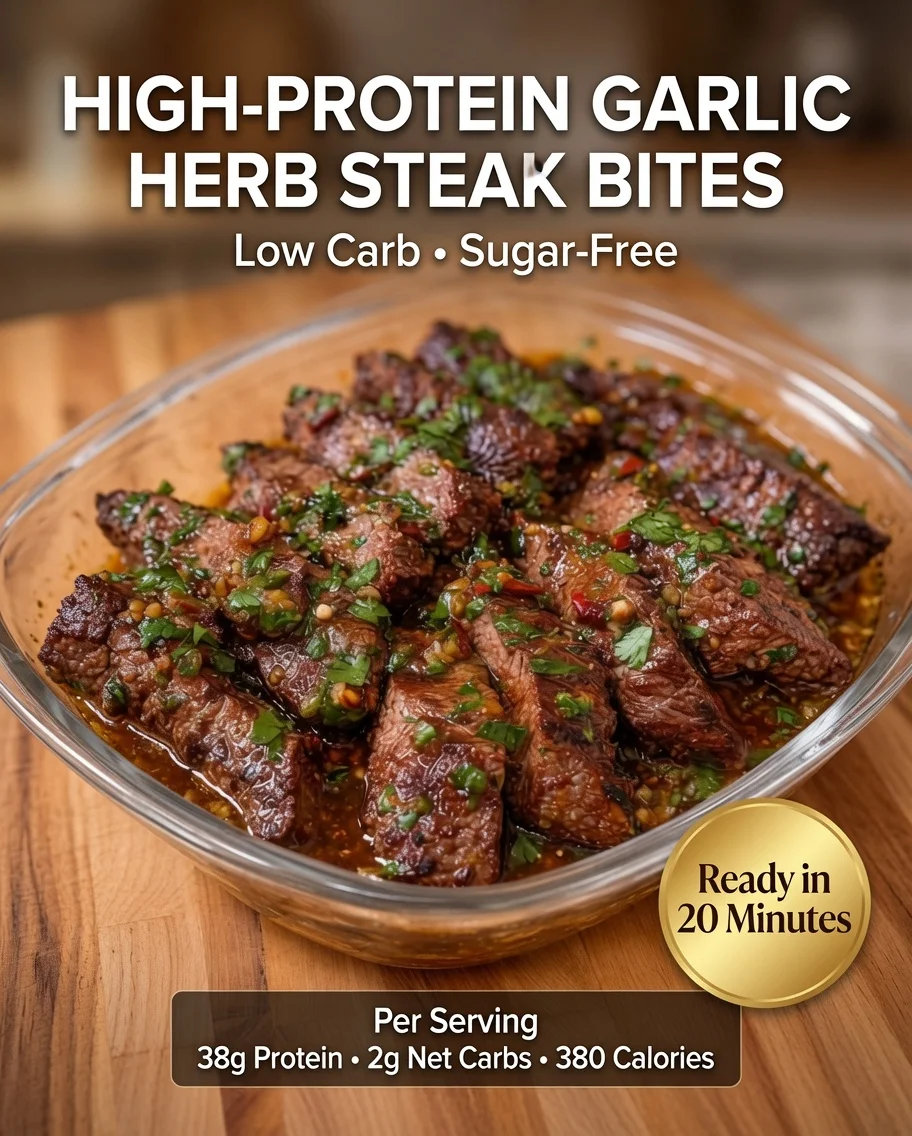 High-protein garlic herb steak bites with parsley served in a glass bowl