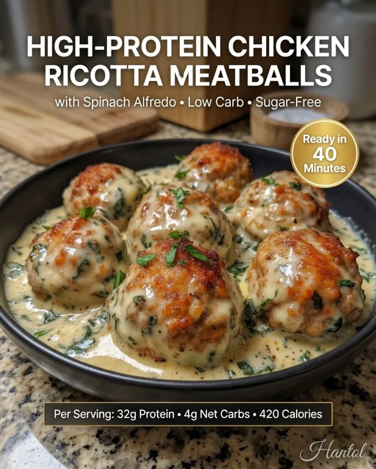 High-Protein Chicken Ricotta Meatballs with Spinach Alfredo
