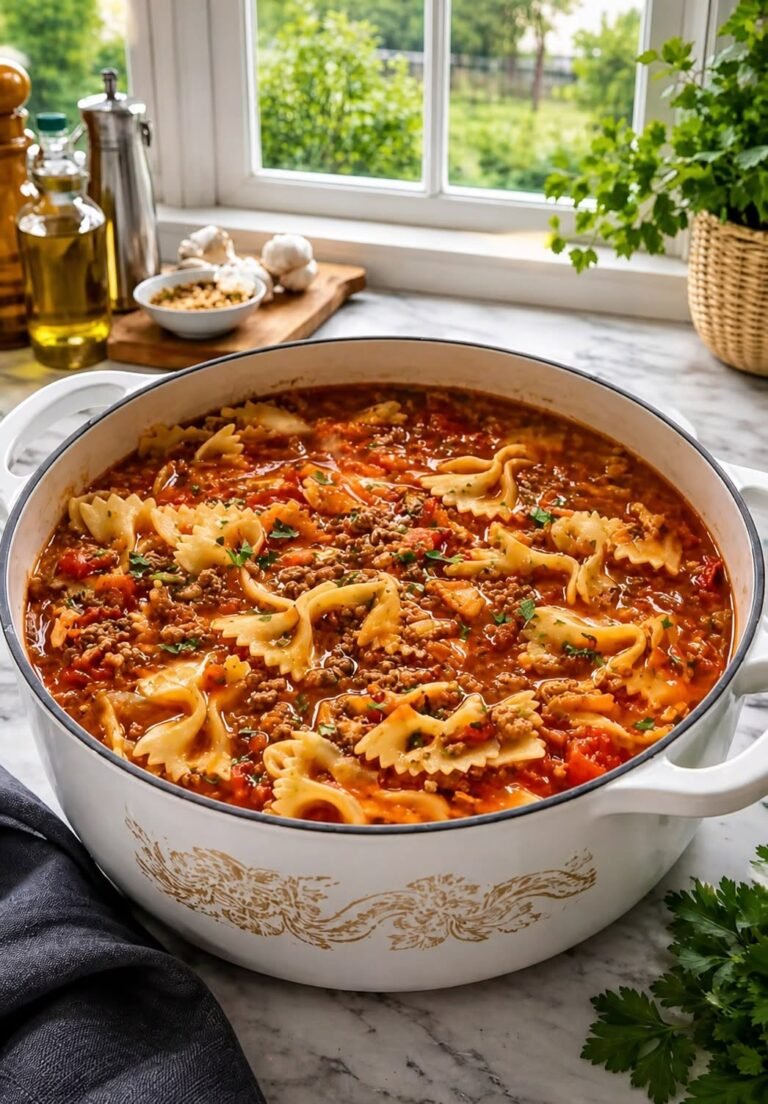 Hearty Beef & Bowtie Pasta Soup