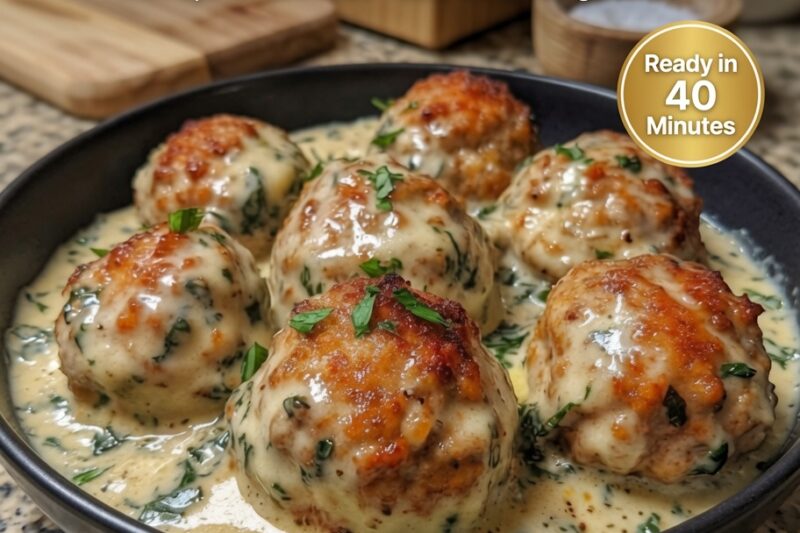 Chicken Ricotta Meatballs with Spinach Alfredo